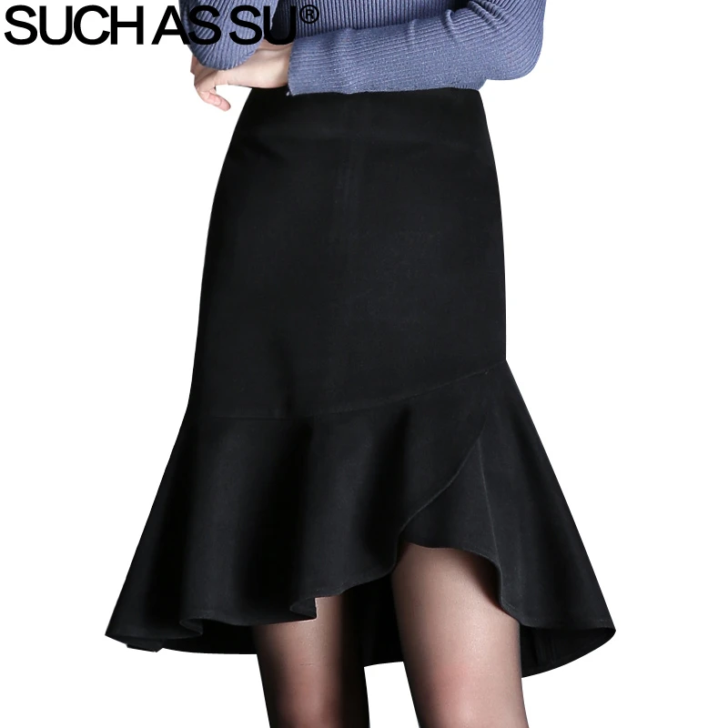 

Stitching Ruffles Woolen Skirt Women New 2018 Black Brown High Waist Knee-Length Fall Winter Skirt S-3XL Ladies Mermaid Skirts