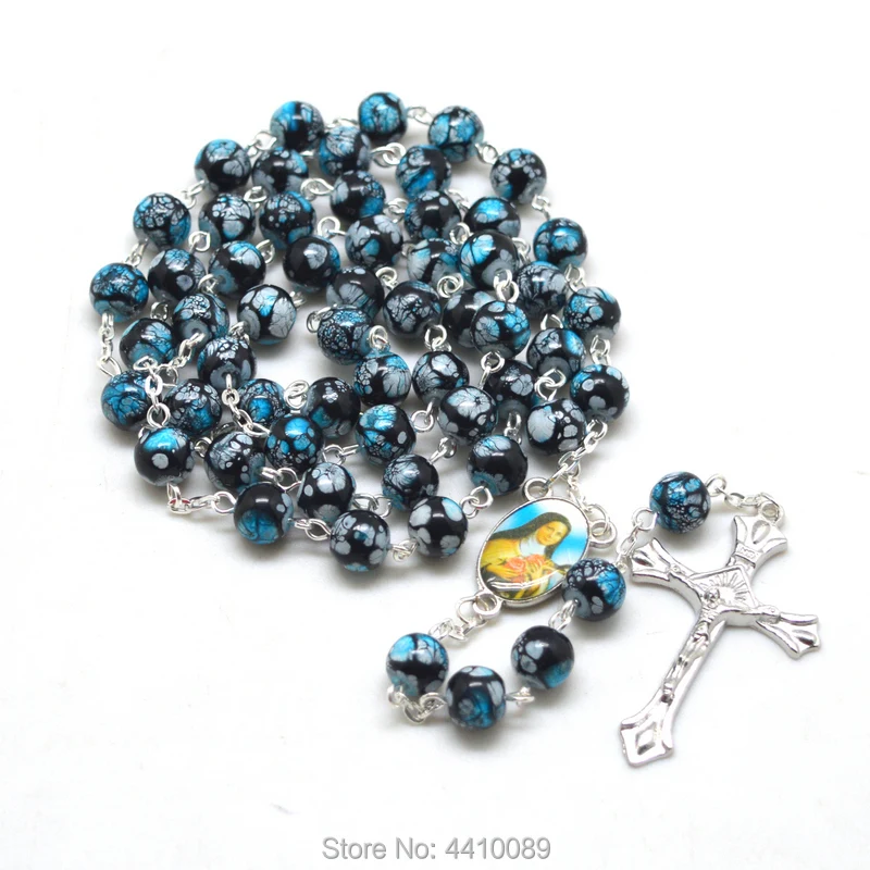 

Fashion Glass Bead St Rita Rosary Necklaces Black Blue Flower Round Beads
