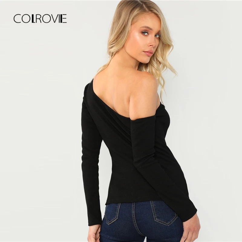 COLROVIE الأسود الصلبة ضئيلة غير المتكافئة الرقبة أنيقة T قميص المرأة 2018 طويلة الأكمام المحملة مثير الإناث تي شيرت النساء قمم المحملة COLROVIE الأسود الصلبة ضئيلة غير المتكافئة الرقبة أنيقة T قميص المرأة 2018 طويلة الأكمام المحملة مثير الإناث تي شيرت النساء قمم المحملة