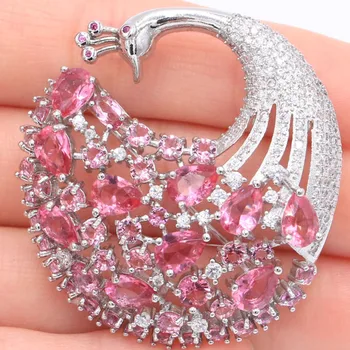 

SheCrown Big 14.1g Peacock Pink Tourmaline White CZ Gift Silver Brooch 43x42mm