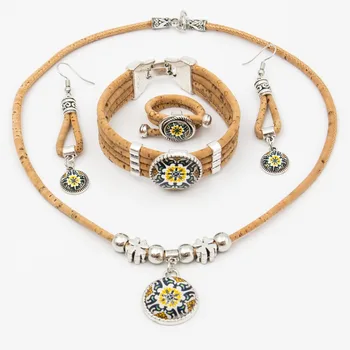 

Cork jewelry set from Portugal traditional ceramic tile pattern yellow flower original Natural materials wooden jewelry SET-071-