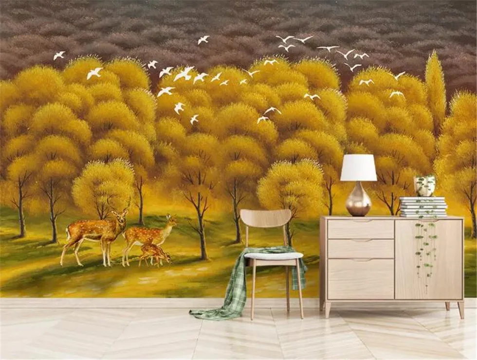 Ручная роспись Золотой лес Лось летящая птица фон профессионал изготовление фрески, обои оптом, на заказ плакат фото стена