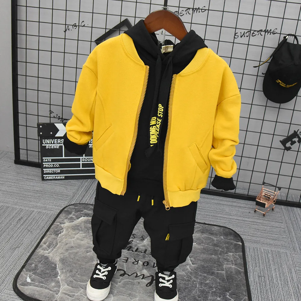 

WLG 3pcs spring autumn casual clothing set kids boys yellow black zipper hoodies printed t shirt and pant set baby clothes 2-7T