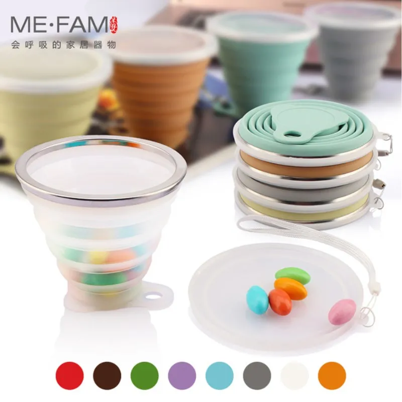 

Folding Cup Silicone Travel 270ml Stainless Steel With Lanyard Dustproof Cover Lid Outdoor Coffee Cups Retractable Travel Copa