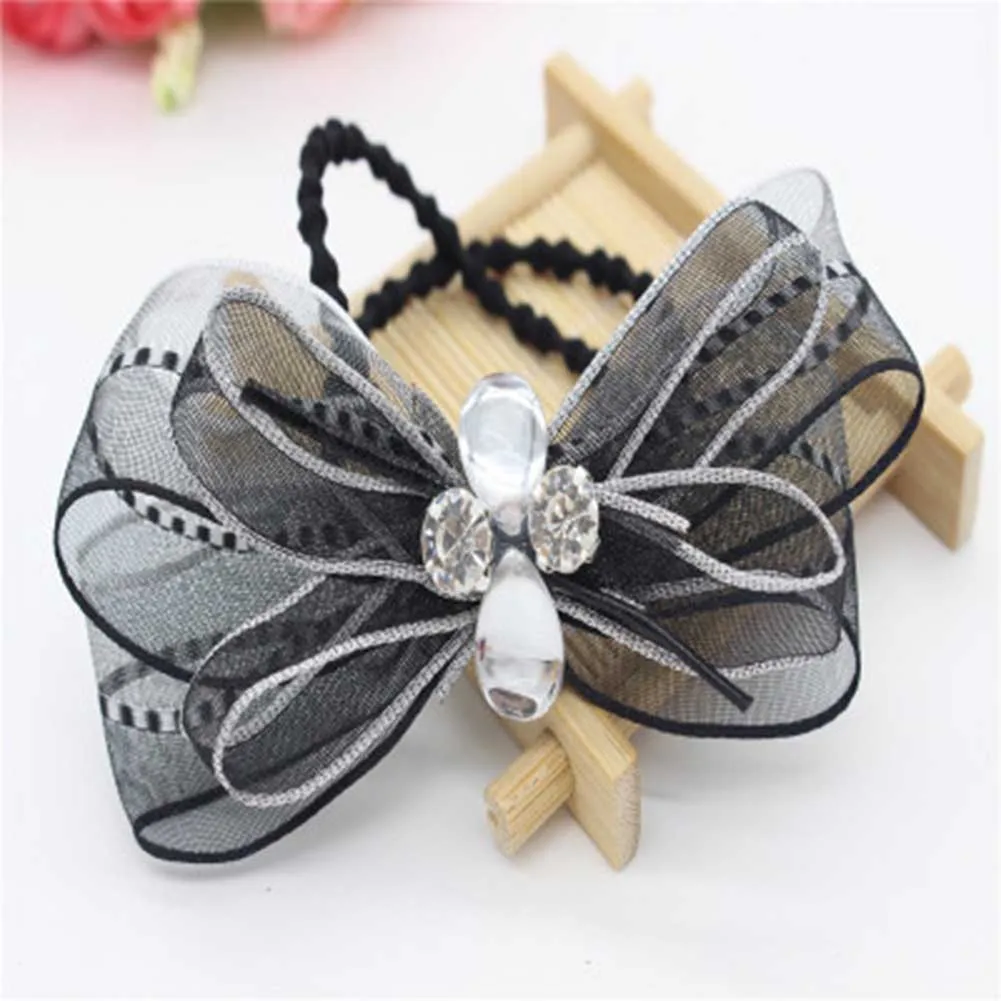 Children Headdress Double Bowknot Hair Ropes Elastic Rubber Hair Ornaments Girls Hair Accessories Ribbon Rhinestone Headdress