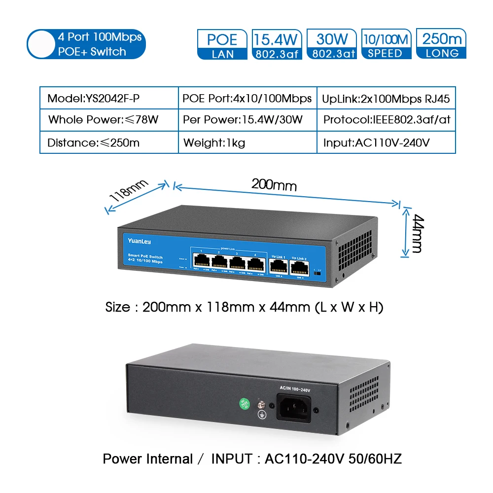 YuanLey 4 порта PoE коммутатор 2 Uplink мощность через Ethernet 802. 3af/at 78 W неуправляемый