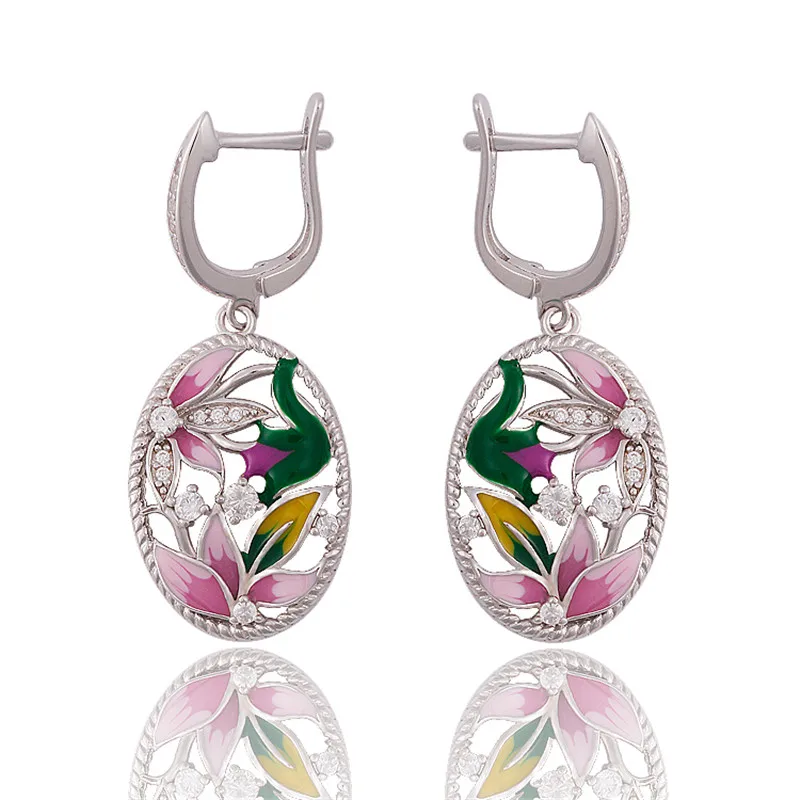 925 пробы серебряные прекрасные серьги разноцветный яркий, в форме лотоса цветок эмаль серьги для женщин Роскошные эмалированные ювелирные изделия
