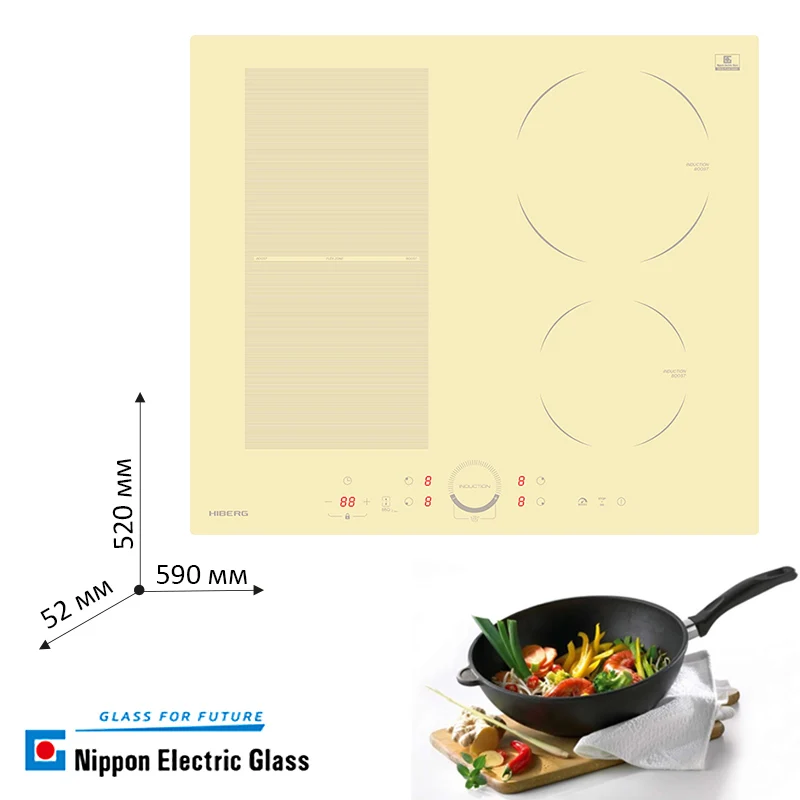 Индукция HIBERG i-MS 6049 Y, FLEX-зона, Boost, сенсорное управление, бежевая керамика NEG, блокировка, индикатор остаточного тепла, защита от перелива, таймер на 99 минут