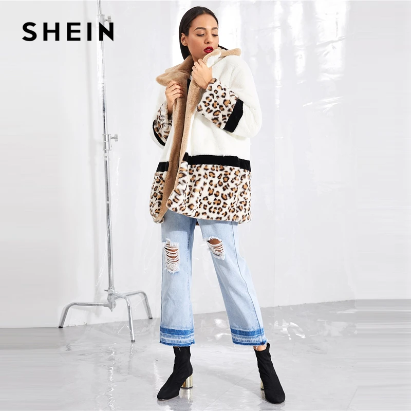 SHEIN Multicolor Highstreet Cut and Sew Leopard Panel Faux Fur Teddy Coat Weekend Casual Elegant Women Coats Outerwear