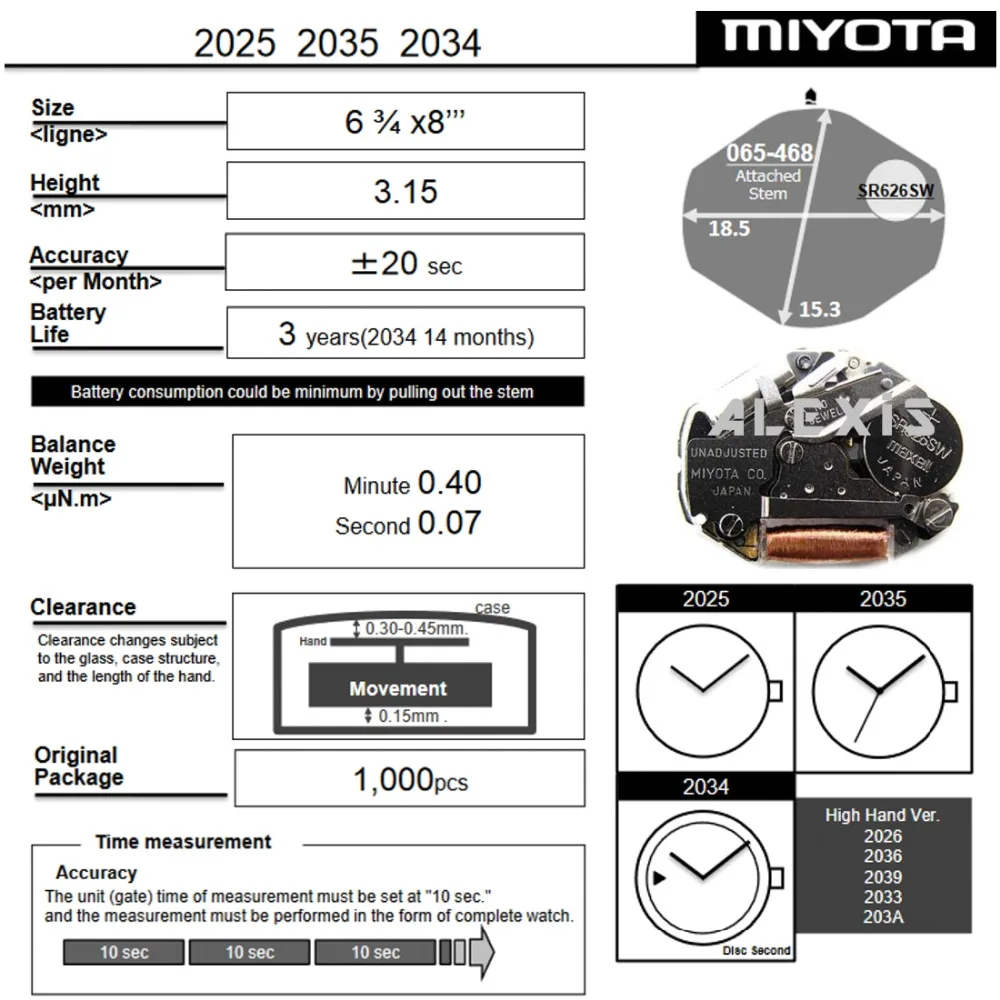 10 шт., новые японские кварцевые часы Miyota 2035, с батарейкой, для ремонта