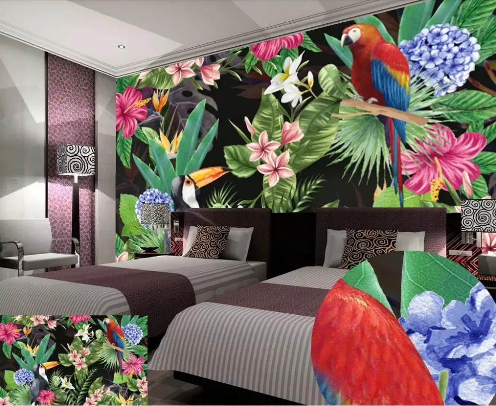 HD тропический лес попугай листья задний план стены Профессионально Производство Настенные обои оптом на заказ плакат фото