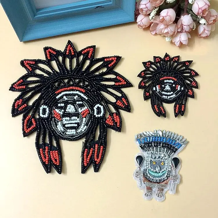 Handmade nail beaded Indian head patch of ethnic custom cloth stickers