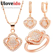Uloveido Серебряные ювелирные изделия комплект Ожерелье стразами розового золота Цвет Свадебные украшения комплекты колье серьги для Для женщин Bijoux T100