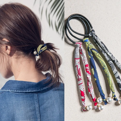

2018 Summer New Woman Rubber Band In Totem Print Or Colorful Dots Hair Ring With Pearls Pendant Head Rope Girls Hair Accessories