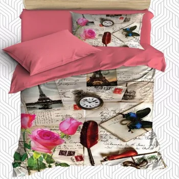 

Else 4 Piece Vintage Paris Tower Pink Rose Writen 3D Print Cotton Satin Single Duvet Cover Bedding Set Pillow Case Bed Sheet