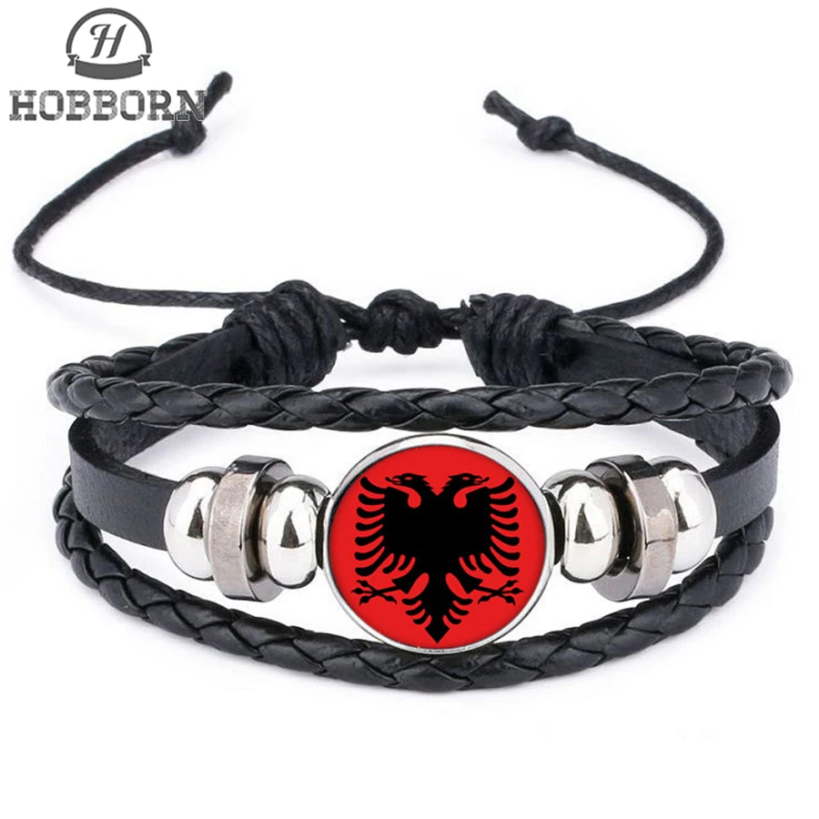 

HOBBORN European Flag Football Team Leather Bracelets & Bangles Women Albania Fans Stainless Steel Bangle Men Handmade Jewelry