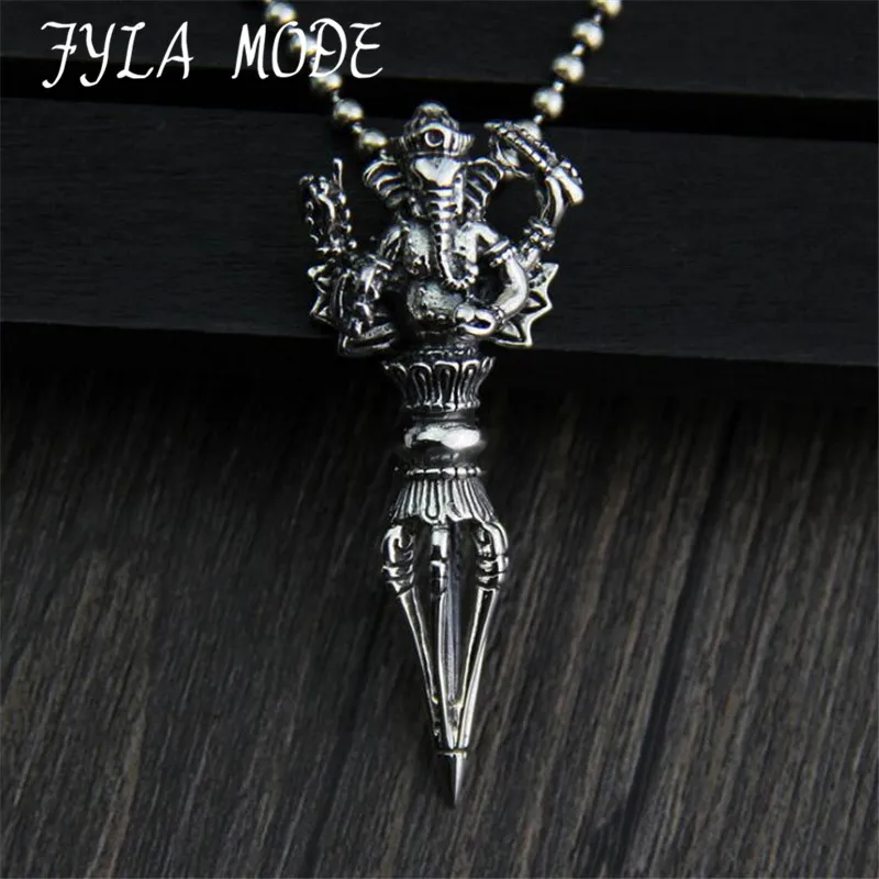 

Lucky Elephant God Trunk Pyramidal Instruments Necklace For Men S925 Sterling Silver Pendant Vintage vajra pestle 20.4*50MM