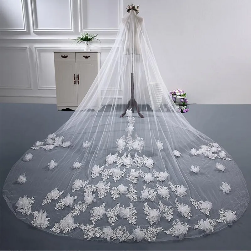 Bridal Veils 3m Cathedral Long Bride Veil Lace Wedding Bridal Veil 3 Meters Bridal Veils With Appliques Edge