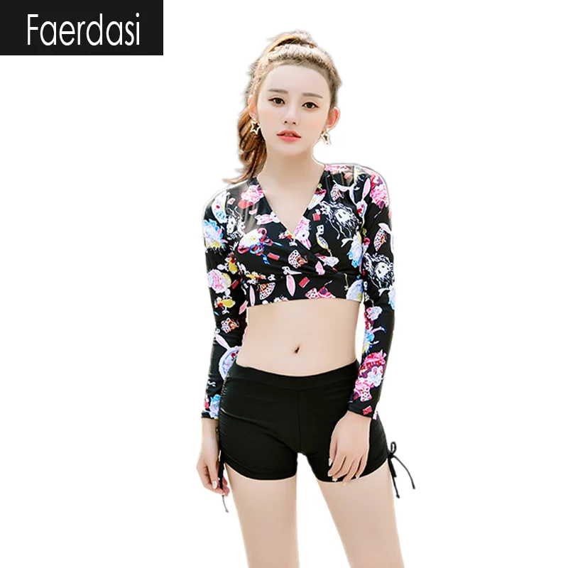 LYSEACIA 2017 Two Piece Swimsuit Women Long Sleeve Crop Tops Swimwear Printed Beach Boxer Shorts