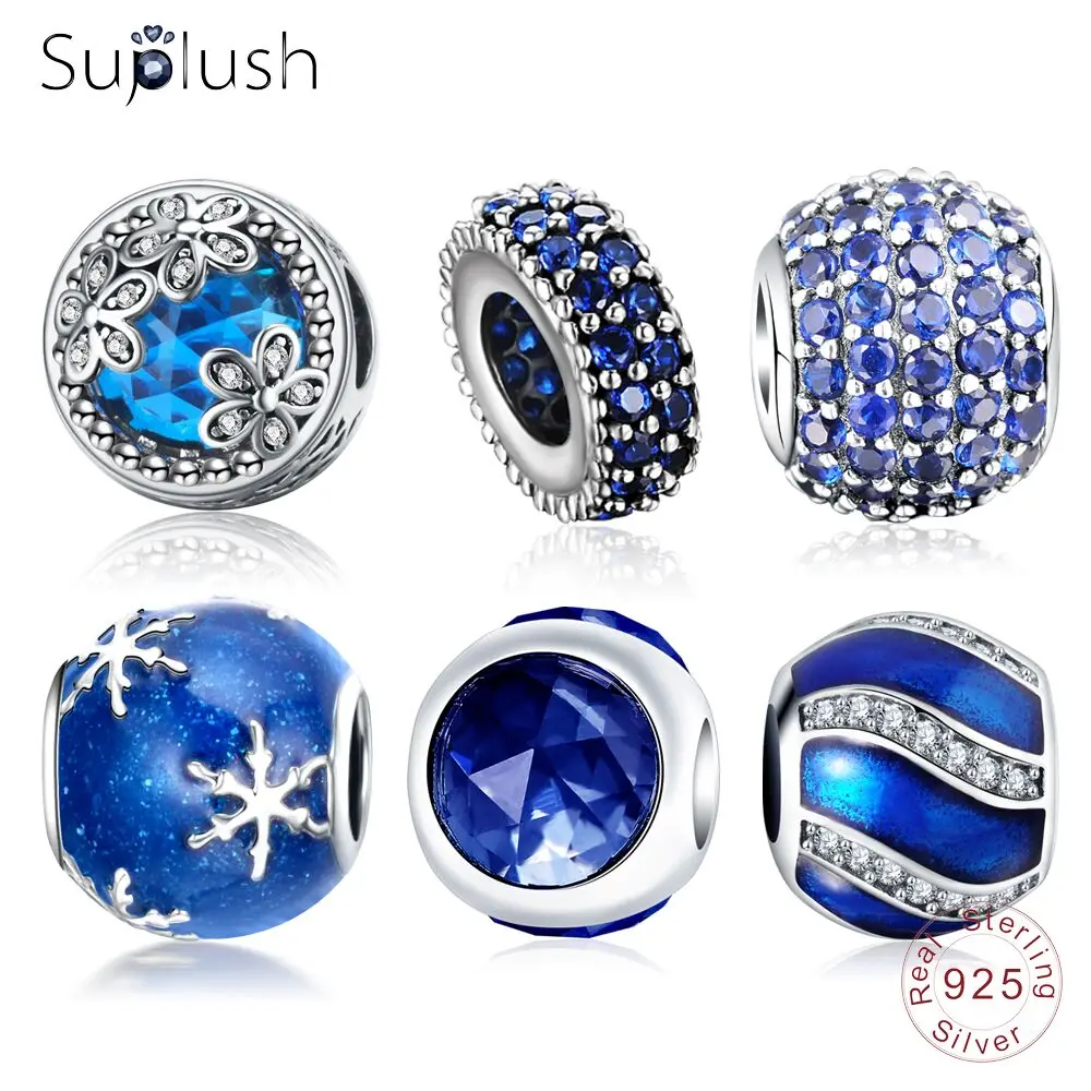 

Suplush 100% Authentic 925 Sterling Silver Beads Fit Original Brand Blue Series Bracelets For Women Luxury Jewelry DIY PSM0009