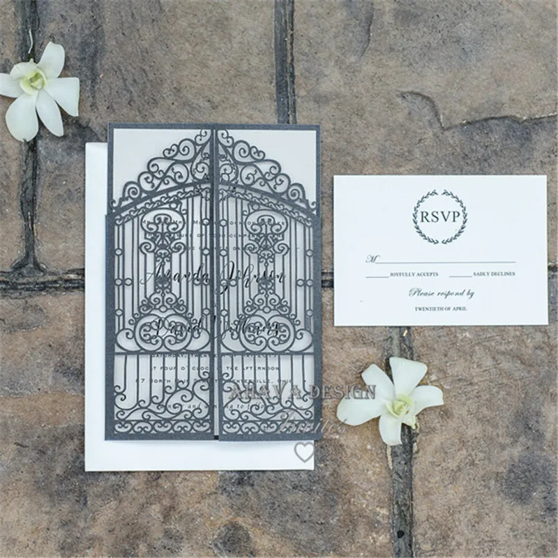 

Vintage Slate Grey Intricate Laser Cut Gate-Folded Wedding Invitation