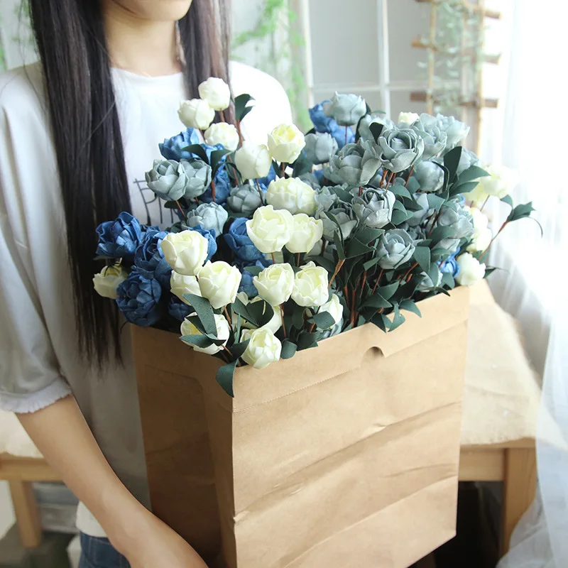 Fake Plants Artificial PE Rose Flowers for Xmas New Year Home Table Decor Wedding Party Birthday Decoration 40cm 6 Heads