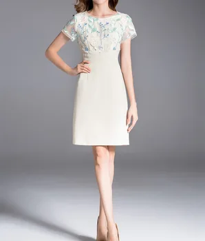 

Formal Patchwork Mesh Embroidery Women Dress O-Neck Sheath Dresses