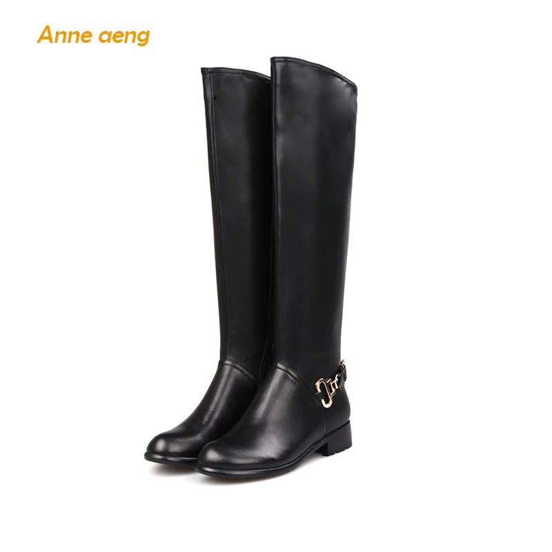 

Anne Aeng women's shoes Warm winter boots Free shipping 2018Genuine Leather Square Heel Zip Round Toe Knee-High Metal Decoration