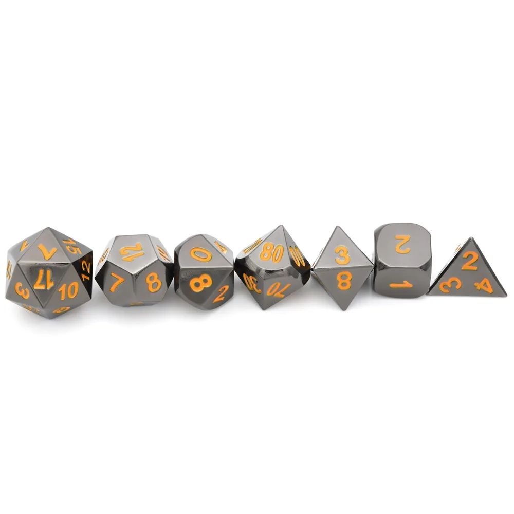 Koop Zwart Chroom Metalen RPG Set met Oranje Nummers voor Dungeons And Dragons RPG Dobbelstenen Gaming en Wiskunde Onderwijs Dobbelstenen Pouch