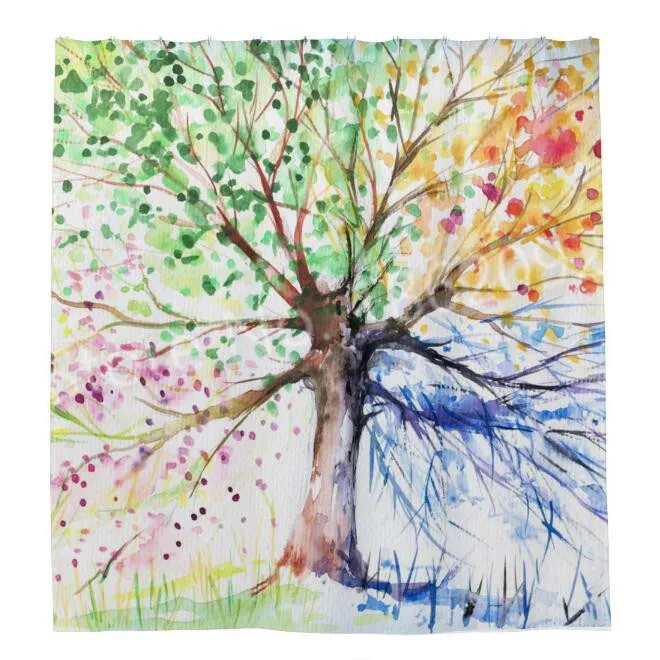 Colorful Four Seasons Tree of Life Showe Curtain Modern Art Painting Bathroom Stylish Classic Drawing Paint Decor | Дом и сад