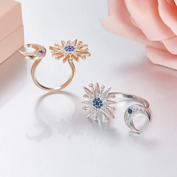 

ZOZIRI brand 925 sterling shiny stars rings for elegant women full cubic zirconia adjustable curved moon elements rings jewelry