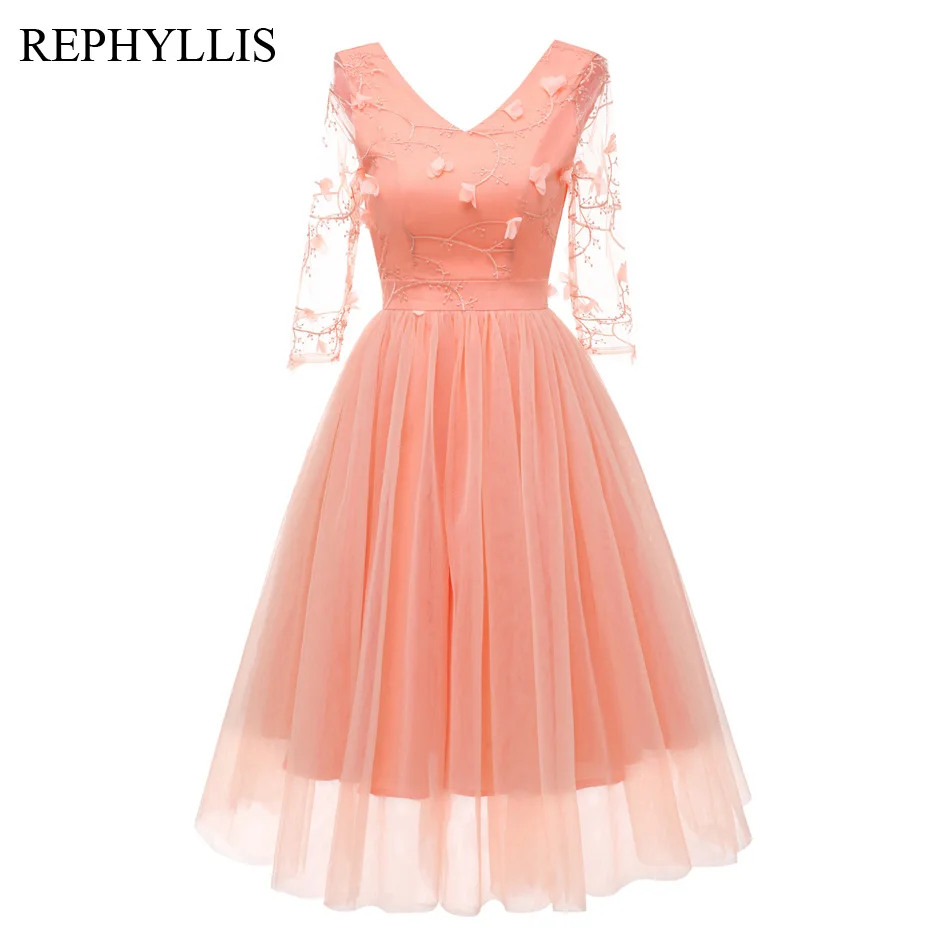 

REPHYLLIS Women Vintage Deep V Neck 2/3 Sleeve Mesh Cocktail Elegant Christmas Prom Wedding Ceremony Party Dress