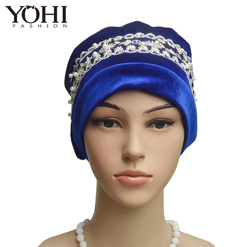 2018 New Fashion  velvet lace pearl head hat Baotou  Ladies Hat Church Cap Women Hijab turbante