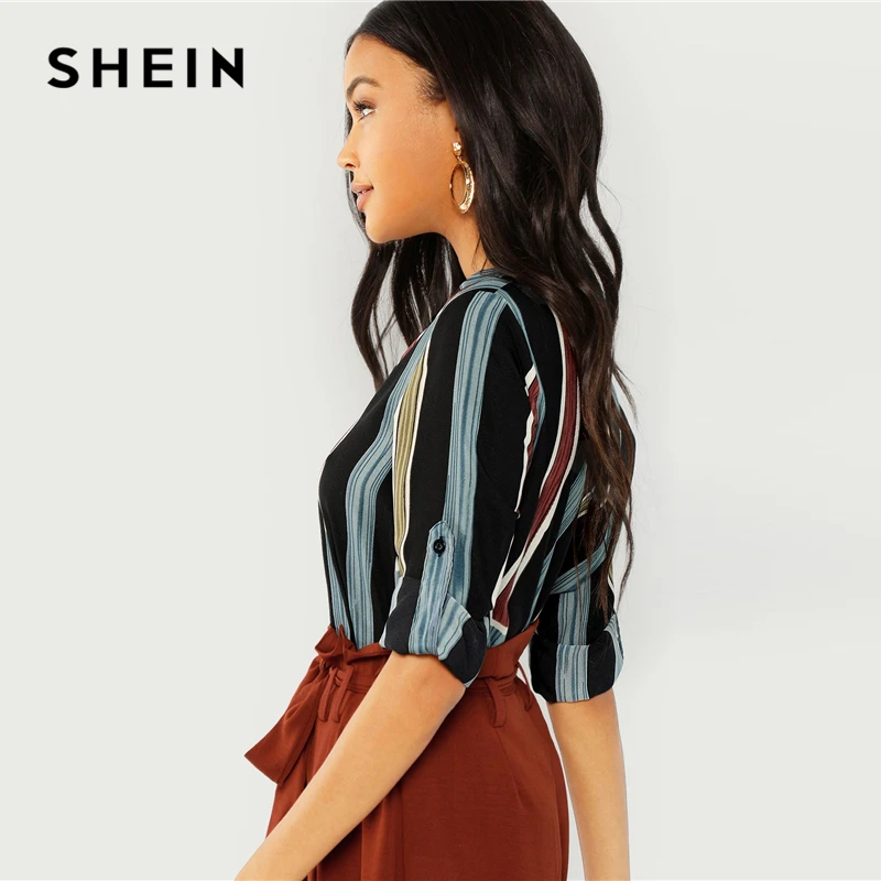  SHEIN Multicolor Cotton V Cut Neck Striped Shirt Casual Roll Up Sleeve Button Placket Blouse Women 
