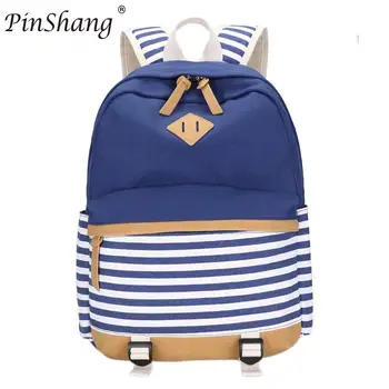 

PinShang Student Stripe/Polka Dot/Floral Canvas Backpack Contrast Color Shoulder Bag Laptop Bag Schoolbag Daypack ZK28