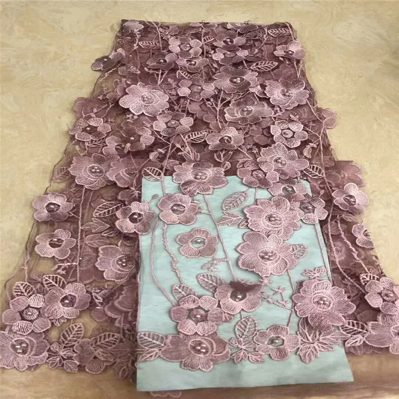 Нигерийский Свадебный модный гипюр кружевной ткани бисером 3d цветок Африканский свадебное платье высокого качества фиолетовый шнур кружевной ткани X996-2