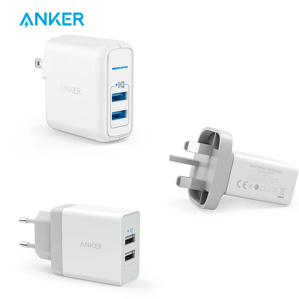 Anker 24W 2 Port US/UK/EU Plug USB Wall Charger with PowerIQ Technology