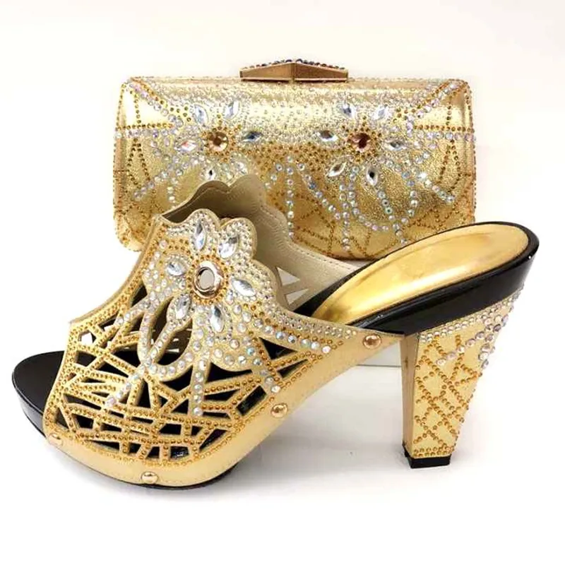 

SB8266-6 4.4 inches high quality hand made shoes and bag gold color for african aso ebi new arrival stones shoes and bag italy