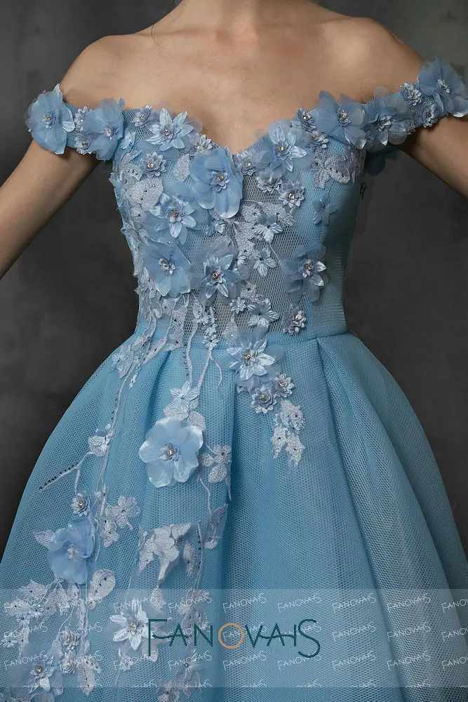 Blue Off Shoulder Evening Dresses Long With 3D Flowers Prom Dresses 2019 vestidos de fiesta largos elegantes de gala