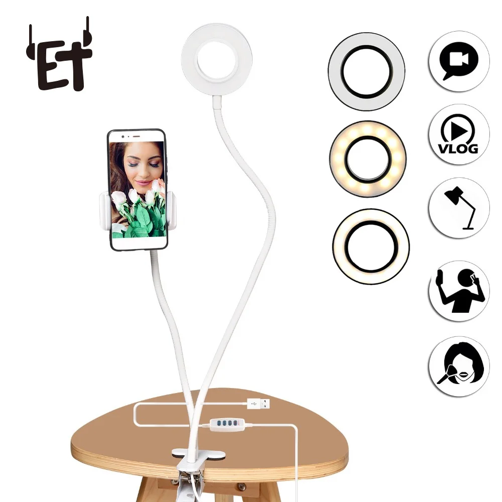 ET 2 in 1 Lazy Phone Holder Selfie Ring Light Phone Bracket Flexible Mobile Phone Clip Holder with LED Lamp for Samsung iPhone
