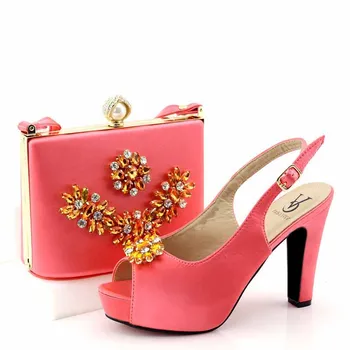 

High heel 4.3 inches peach sandal shoes and clutches bag matching set with rhinestones stones size38 to 42 shoe bag set SB8401-4