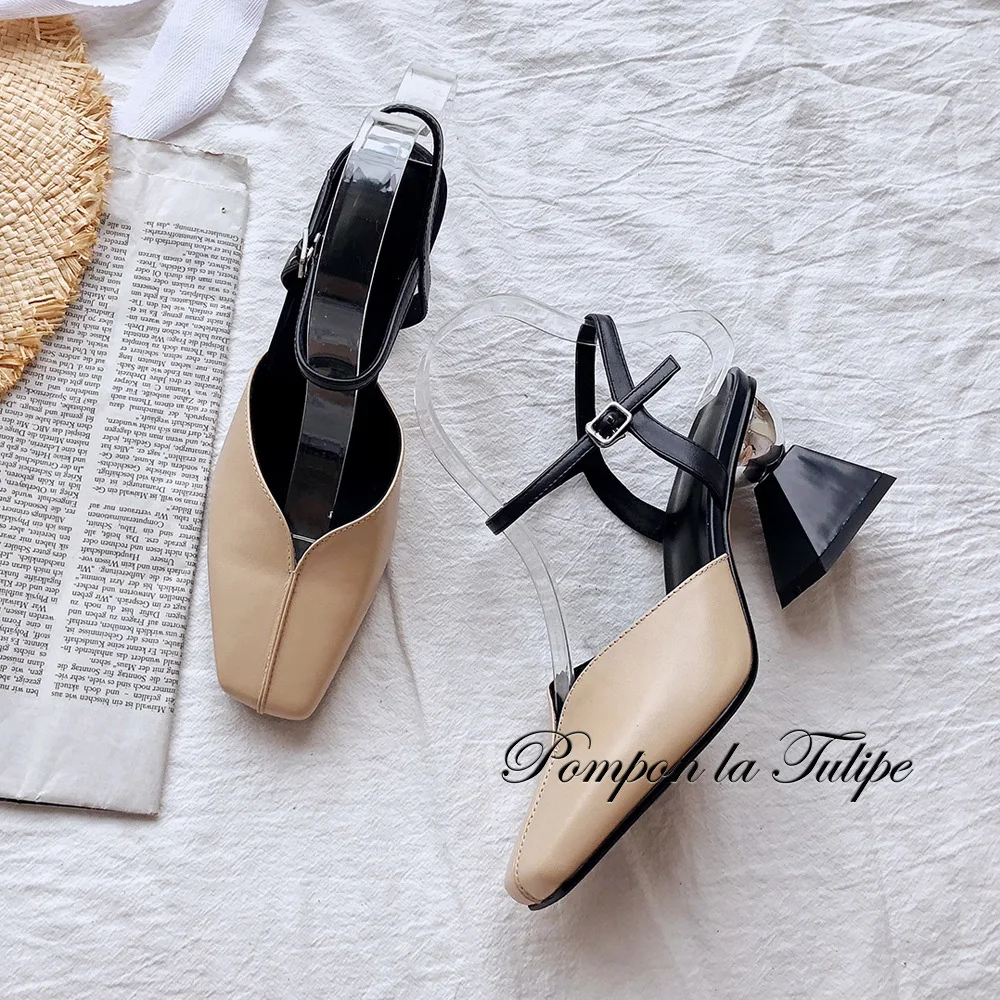 

BHS 901156 Chic Square Toe 8CM High Heels Slingback Genuine Leather Stylish Sandals Sheepskin Fashion Women Shoes Party Wedding