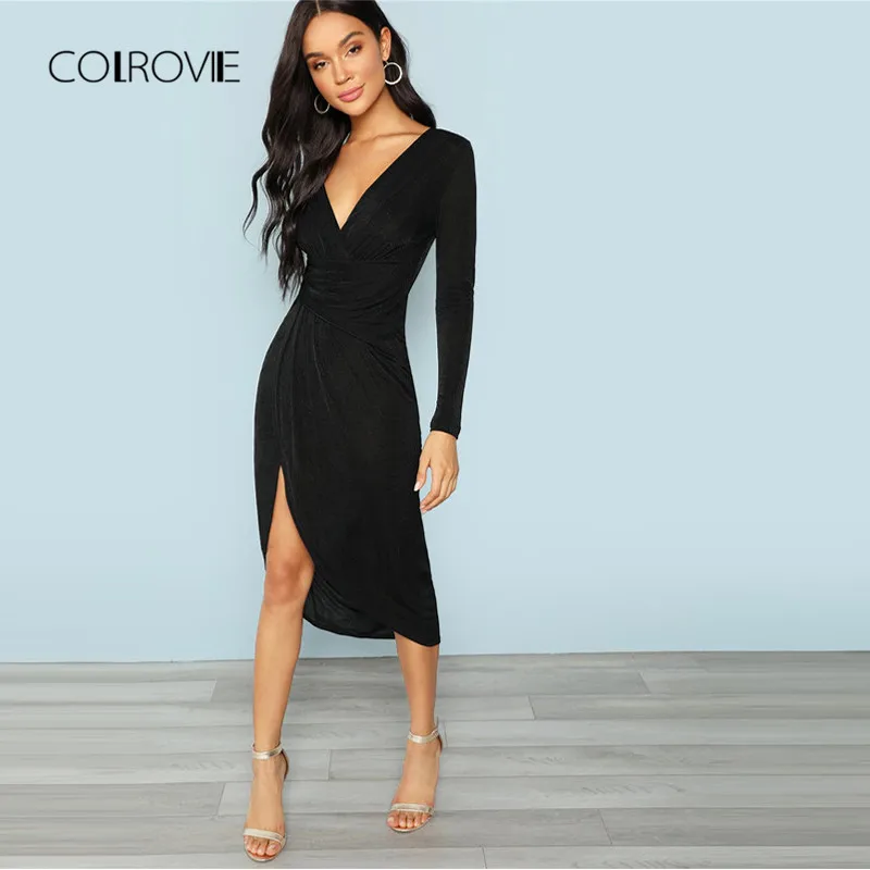 COLROVIE Black Deep V Neck Wrap Sexy Bodycon Dress 2018 Autumn Plunging Neck Split Front Party Dress Elegant Midi Women Dresses