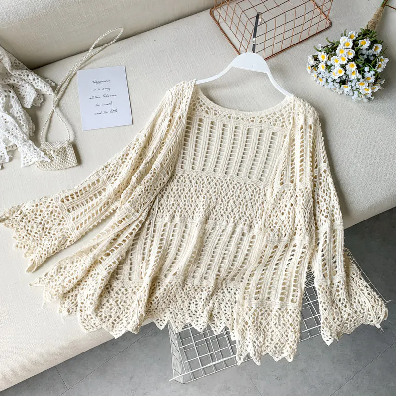 

Summer Autumn Women Hollow Out Sweater Cardigan Casual Loose Knitted Cardigans Jacket Female V-Neck Thin Coat Short Tops