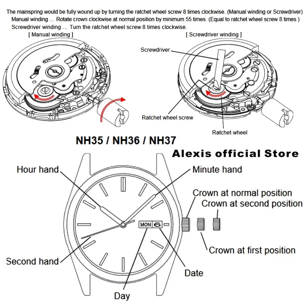 NH36A стальные механические Автоматические часы День Дата движение Белое колесо даты MO1075A