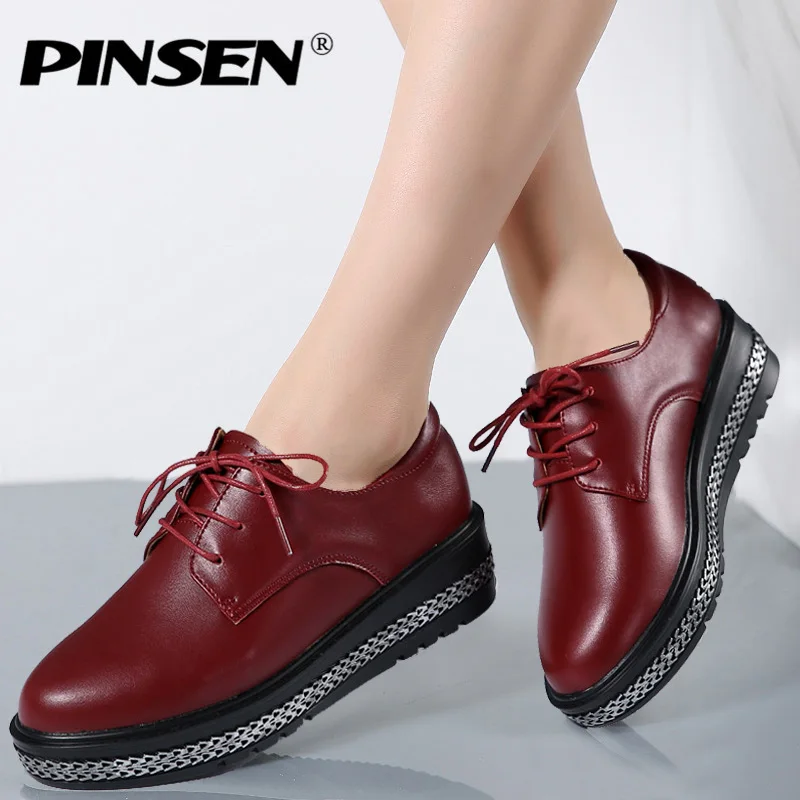 

PINSEN 2019 New Women Platform Shoes Woman Genuine Leather Ballet Flats Lace Up Female Casual Heels Oxford Shoes For Women