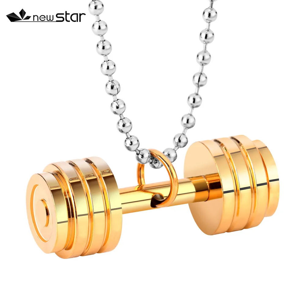Men's Sport Gold Stainless Steel Dumbbell Gym Barbell Pendant Necklaces