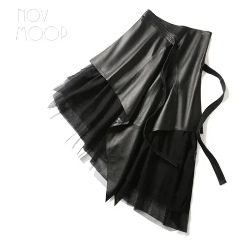 Новинка, модная черная юбка-трапеция из натуральной овечьей кожи с сеткой, неровный подол, faldas mujer etek jupe размера плюс LT2646 - Цвет: Black per pic