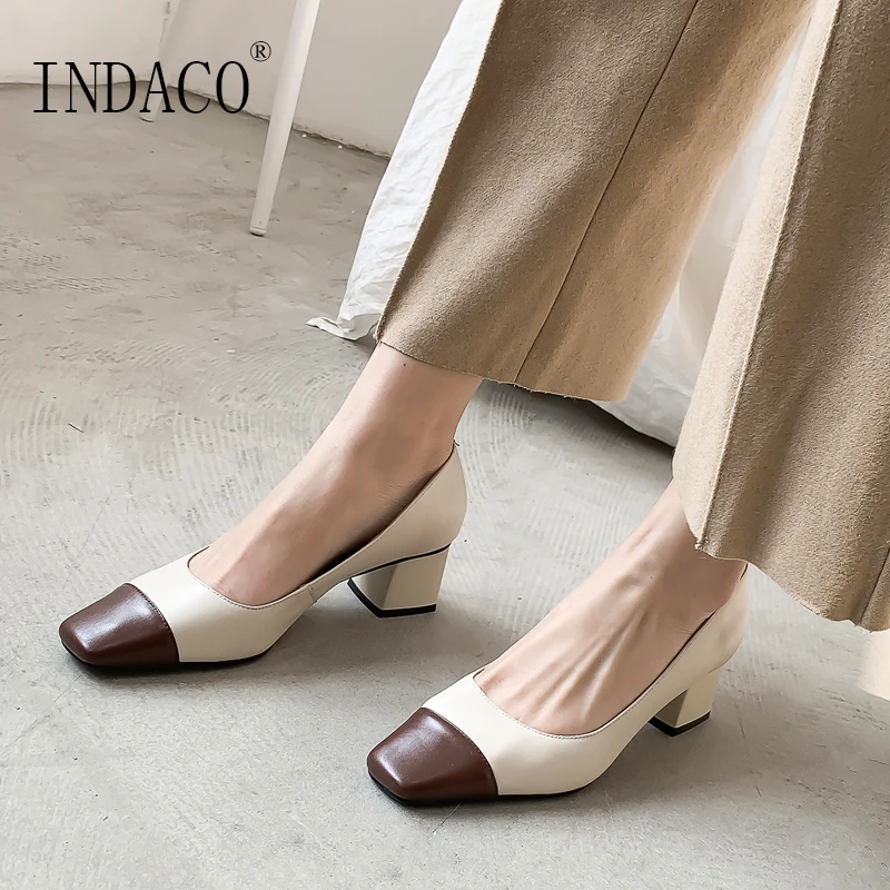 

Women Leather High Heel Pumps Beige Square Toe Women Shoes Heels Big Size 6cm