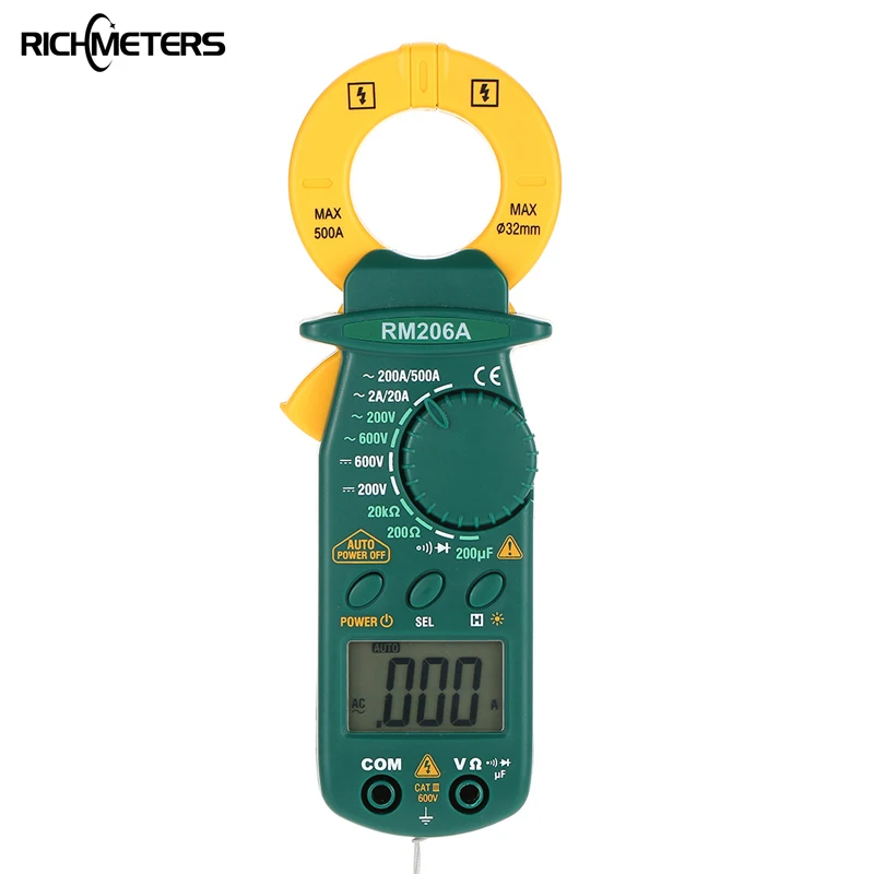 

RICHMETERS RM206A Digital Clamp Meter Multimeter 1999 counts Backlight AC/DC Ammeter Voltmeter Ohm Electronic Portable Meter
